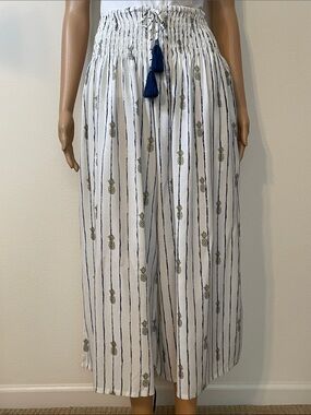 NWT Pineapple Print Wide Leg Pants Smocked Waist w/Pockets Off-White & Navy